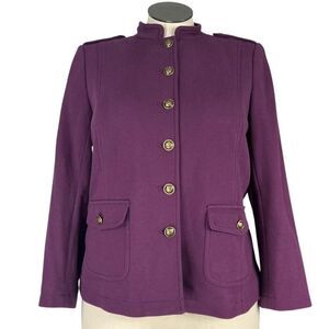 Talbots Military Jacket Women 16P Purple Knit High Neck Crest Button Blazer